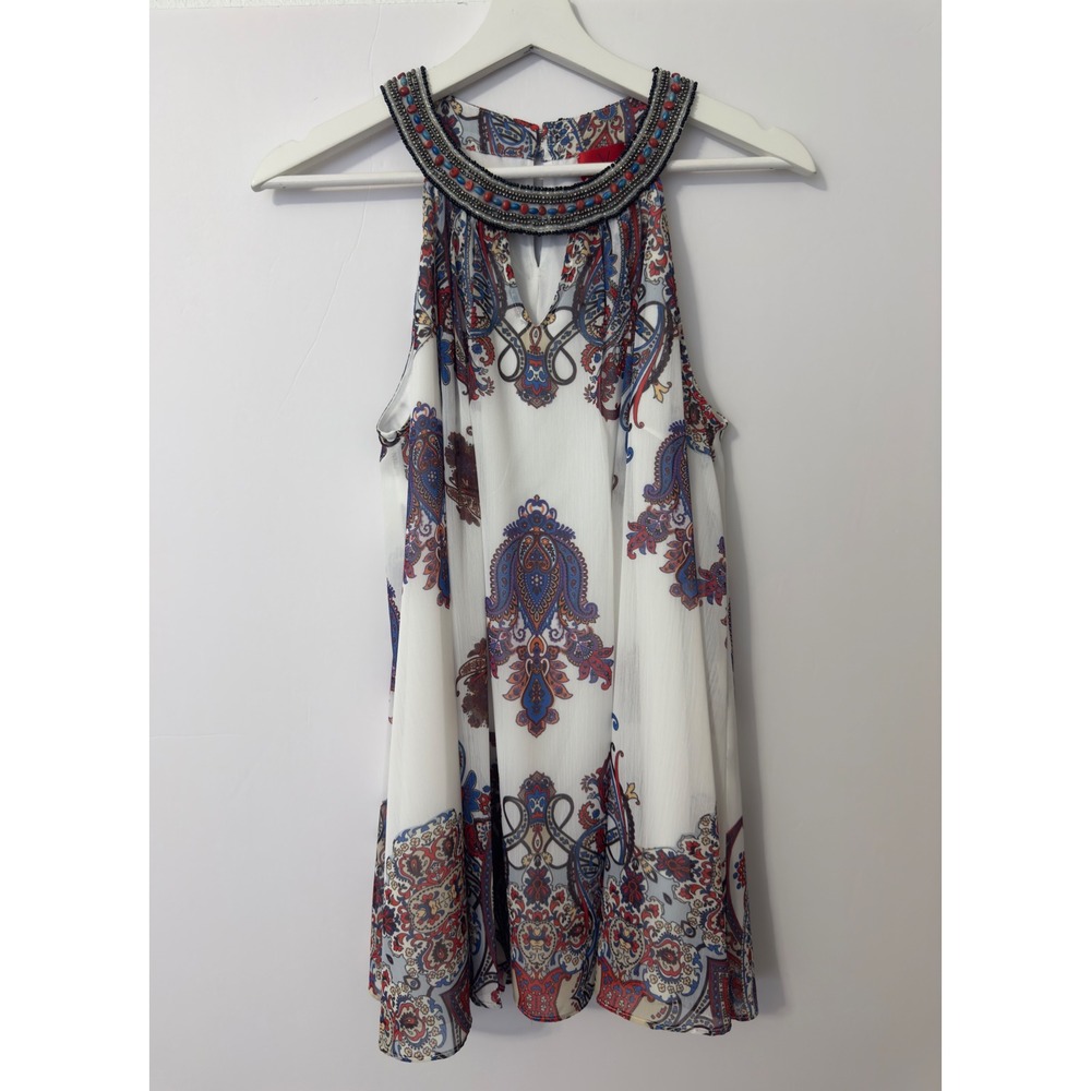 Cristina Paisley Halter Dress M White Red Blue‎ Beaded Neck Boho Y2K Ethereal